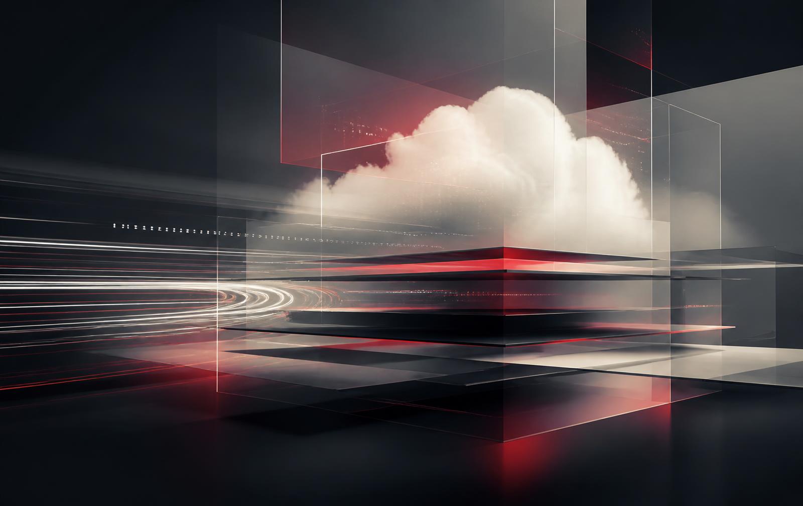 Abstract layered cloud platform visualisation in charcoal and ivory with red accent edges