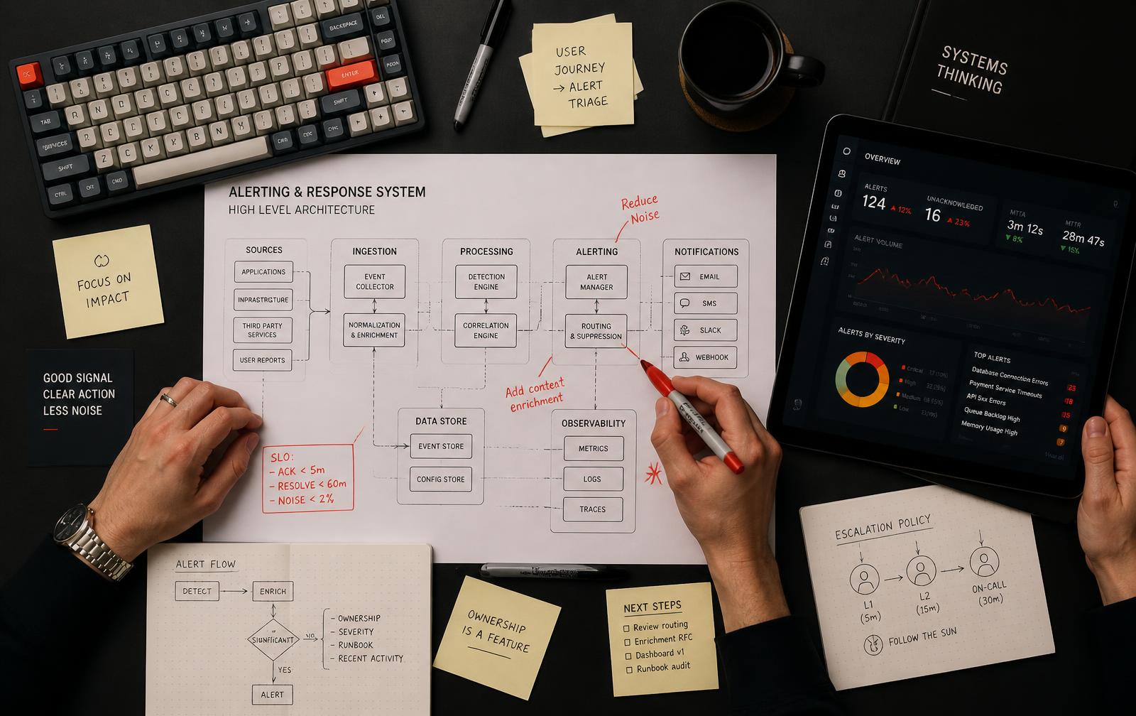 Planning table seen from above with an architecture diagram, annotations, notes and an operations dashboard