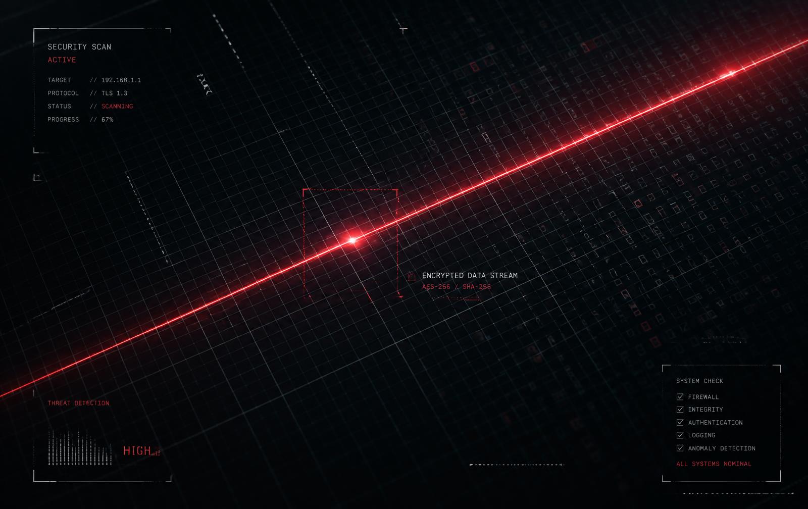 Abstract verification visualisation with a fine grid, red scan line and system check indicators